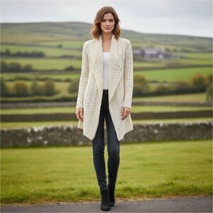 IrelandsEye Virgin Wool Cable Knit Aran Waterfall Cardigan – Chunky Cozy - S